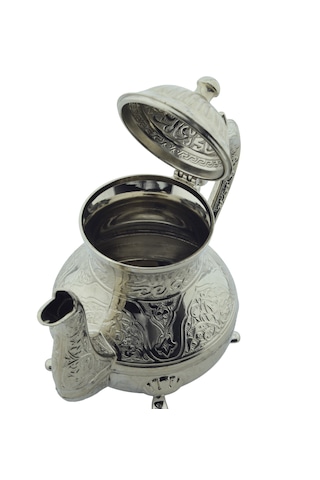 Dekoratif Gümüş Renkli Zarif İşlemeli Metal İbrik Demlik 17cmx22cm M2 Gümüş