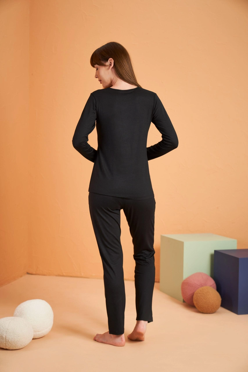 Pjs Kadın Viskon 4 Mevsim Kumaş Düğmeli Uzun Kollu Pijama Takım Siyah