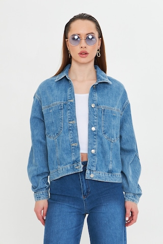 Mavi Yıkamalı Oversize Denim / Kot Ceket Orta Mavi