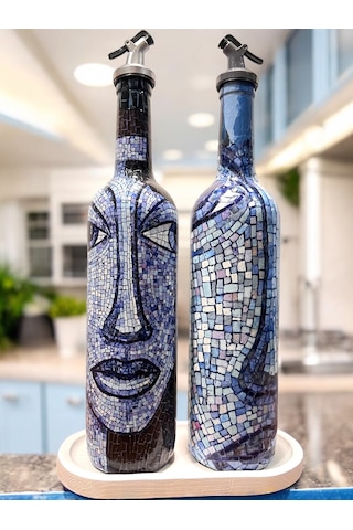 Anadolu Mozaik Sanatı Motifli Soyut Tasarım Yağdanlık Seti-sirkelik Sosluk Seti- Ev Ve Mutfak Mavi