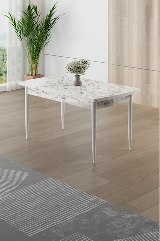 Canisa Asfel Serisi Mdf 77x130 Beyaz Mermer Desen Yandan Açılabilir Mutfak Masa Takımı 6 Krem Sandalye Beyaz Mermer Masa Krem Sandalye