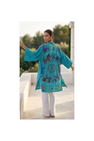Lila Mare Hint Nakışlı Cotton Kimono Mavi Mavi