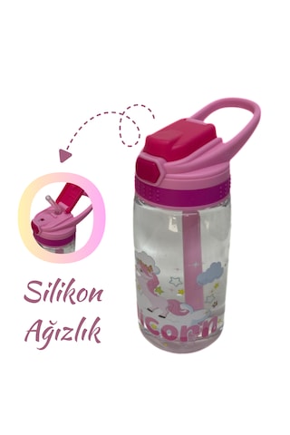480 Ml Baskılı Çocuk Matarası Kilitli Kapak Ve Taşıma Kulpu Pembe