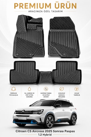 Citroen C5 Aircross 2025 Sonrası 1.2 Hybrid Uyumlu 3d Havuzlu Siyah Tpe Kauçuk Oto Paspas Araca Özel Klipsli Kaymaz