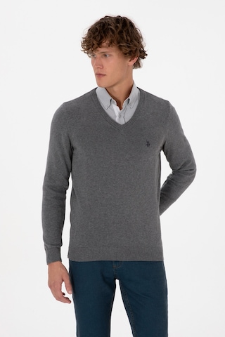 U.S. Polo Assn. Erkek Slim Fit V Yaka Gri Melanj Basic Triko Kazak 50313662-VR086