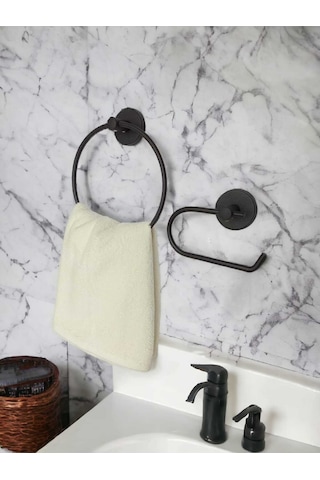 Yapışkanlı Banyo Seti Yuvarlak Havluluk Kapaksız Tuvalet Kağıtlığı Siyah