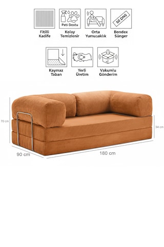 90x180 Kanepe - Fitilli Kadife Yıkanır Silinir Pratik Yer Yatağı 50 Dns Bondex 90x180cm Kiremit