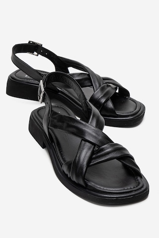 Luvishoes Frand Siyah Hakiki Deri Çapraz Bantlı Kadın Sandalet