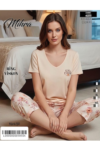 Mihra Kadın Viskon V Yaka Kısa Kol Kapri Likralı Pijama Takımı 40111be - 1 Adet Bej