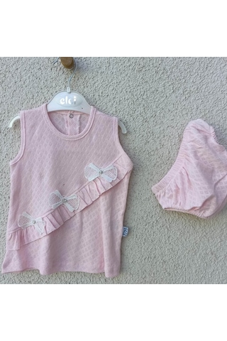 3-9 Ay Bebek Brode Fiyonklu Külotlu Yazlık Takımı Pembe Pembe