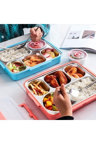 Ulzyvf Yemek Termos Seti Mavi, Çelik Bölmeli, Paslanmaz, 5 Cm, Pratik Kutuda Mavi