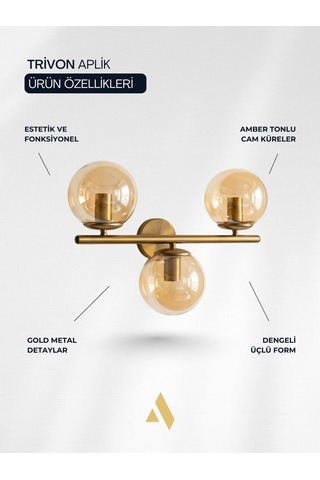 Trivon Üçlü Cam Aplik Beyaz & Bal Renk Seçenekli, Gold Metal Gövde Modern Duvar Aydınlatma Bal