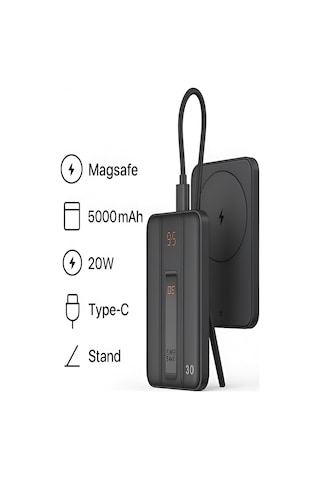 5000mah 20w Hızlı Şarj Dijital Gösterge Kablosuz Magsafe Powerbank Type-c Kablolu/girişli Standlı siyah
