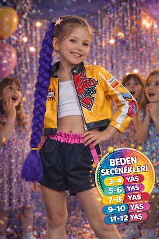 Toyfest İblis Avcıları K-pop Demon Hunters Rumi Cosplay Kostüm Seti Ceket Şort Mor Örgülü Saç 3 Parça Çok Renkli