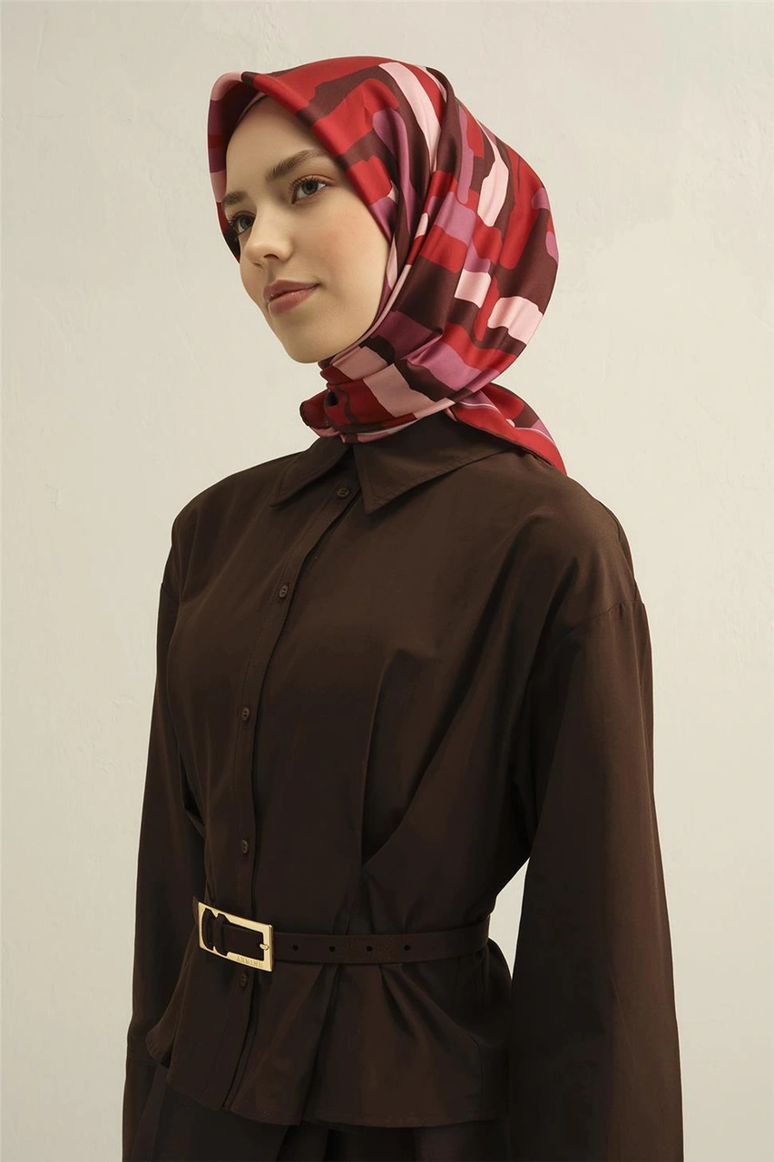 Armine Geometrik Desenli Saf İpek Twill Eşarp 9303d 83 Bordo