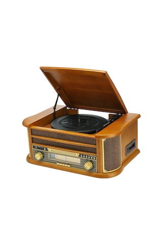 Nostaljik Ahşap Kasa Pikap Kaset Cd Çalar Bluetoothlu Kumandalı Radyo Mp3 Usb 33-45-78 Lik Plakla Kahverengi
