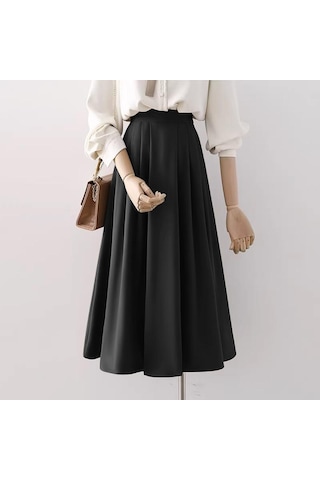 Zanzea Yaz Kadın Yüksek Bel Pileli Düz Renk Bol A Kesim Etek Siyah
