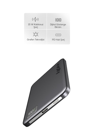Magsafe Powerbank 5000 Mah 15w Kablosuz, 20w Pd Hızlı Şarj, Dijital Ekran, 108g V0601003 Gri