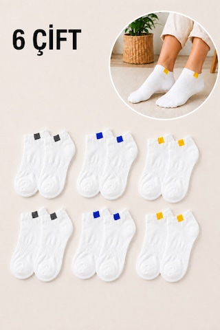 Worthy Socks 6'lı Unisex Lastik Kare Desenli Beyaz Patik Bilek Çorap Seti
