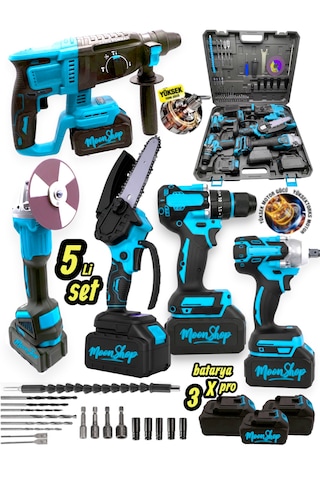 Moonshop SET005 Şarjlı Darbeli 5'li Set 2-26 Hilti 125 MM Taşlama + 13 MM Matkap 650NM Somun Sökme + Dal Budama Testere Mavi