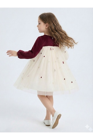 Xo Kids Bordo Kollu Fiyonk Detaylı Çiçek İşlemeli Tüllü Kız Çocuk Elbise 4-10 Yaş 4419 Ekru