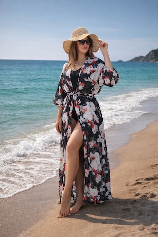 Wellway Viskon Saten Kumaş Kimono - Pareo - Sabahlık - Kuşak Dahildir - Siyah Siyah