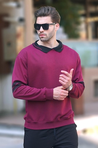 Madmext Bordo Polo Yaka Oversize Kolu Şeritli Erkek Sweatshirt 7048-bordo Bordo