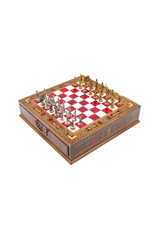 Saklamalı - 147 - Satranç Roma Oymalı Sc38s - 32cm, Kırmızı Tahta - Muratech - - Sc32k