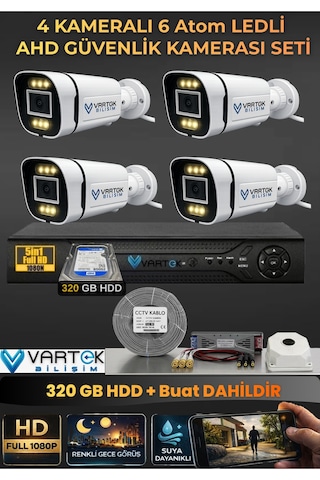 4 Kameralı 6 Atom Led Gece Renkli Görüşlü Güvenlik Kamerası Seti + 320 Gb Hdd