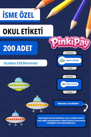 İsim Yazılabilir Uzay Gemisi Temalı Okul Etiketi Kalem & Defter İçin 200 Adet Çoklu