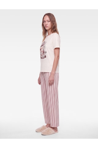 Koton Rahat Kesim Bisiklet Yaka Kısa Kollu Çizgili Pijama Takımı Ekru Desenli 7wlk40295mk
