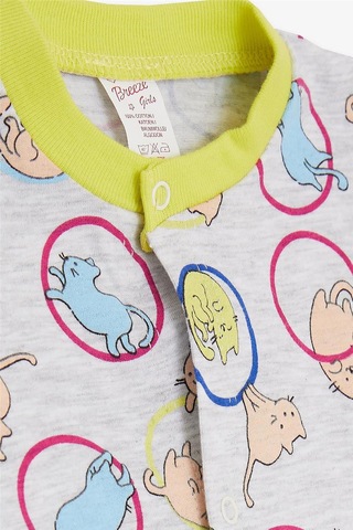 Breeze Kız Bebek Kısa Kollu Tulum Sevimli Kedicik Desenli 0 3 Ay 6 Ay, Açık Gri Melanj Açık Gri Melanj