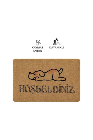 Coco Entry Ps028a Köpekli Hoşgeldiniz Desen Kalın Kaymaz Taban Nem Alıcı Şık Kapı Önü Paspası Hardal
