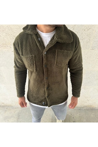 Erkek Pelüş Polar Hırka Gömlek Yakalı, İlik Düğmeli, Göğüs Cepli, Yumuşak Dokulu Kışlık Regular Fi Haki