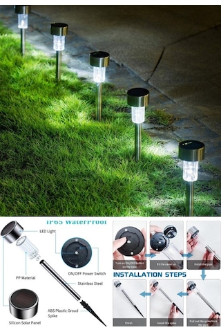 20'li Metal Gövdeli Beyaz Ledli Solar Güneş Enerjili Bahçe Lambası 30 Cm Saplama Gümüş