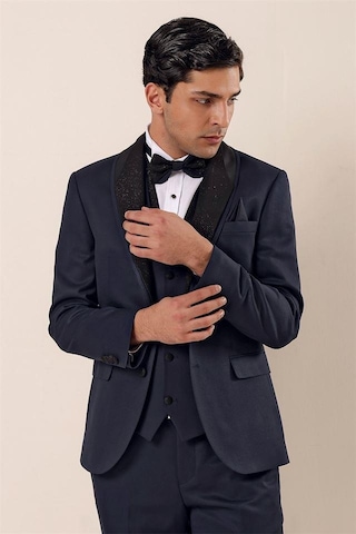 İmza Koyu Lacivert Desenli Çıkarılabilir Şal Yaka Yelekli 6 Drop Slim Fit Smokin Damatlık Takım 1001230204-Lacivert