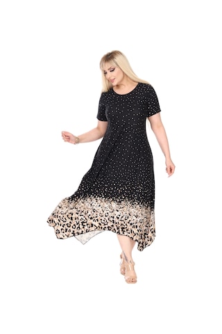 Melsay Butik Siyah Puanlı Eteği Leopar Desen Asimetrik Kısa Kollu Elbise Siyah