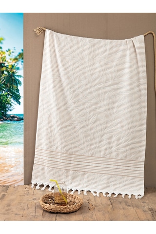 %100 Pamuk Jakarlı Peştemal - 90x170 Cm Büyük Boy Saçaklı Yazlık Banyo Havlusu - Bej Bej