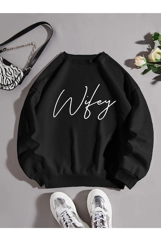 Wiley Baskılı Sweatshirt - Siyah Bisiklet Yaka Oversize Tasarım Trend Siyah