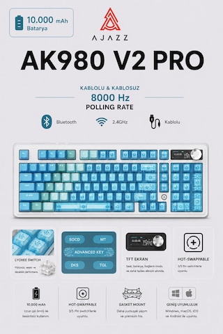 Ak980v2 Pro 8000 Hz Kablosuz Mekanik Oyun Klavyesi-tft Ekranlı-rapid Trigger