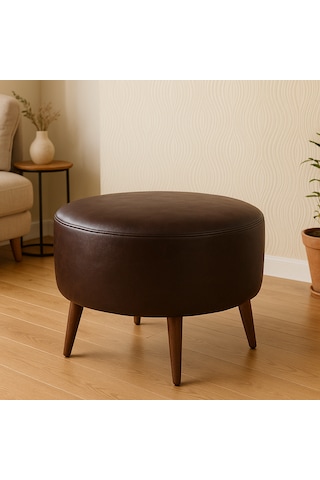 Large Büyük Yuvarlak Modern Puf - 60 Cm - Deri Kumaş - Acı Kahve