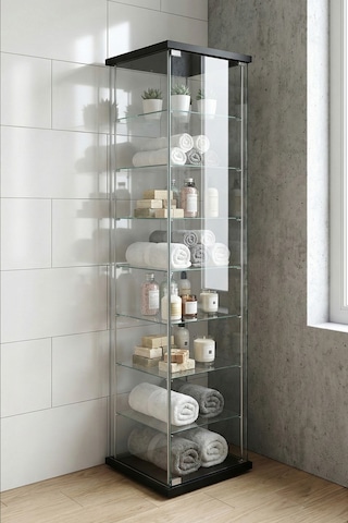Cam Raflı Kapaklı Düzenleyici Banyo Dolabı Çok Amaçlı Lavabo Malzeme Dolap Havluluk Organizer Siyah 7 Raf