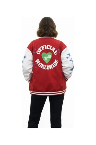 Meleners Kırmızı Varsity Çıtçıtlı Baskılı Oversize Kalıp Kolej Ceket - Kırmızı