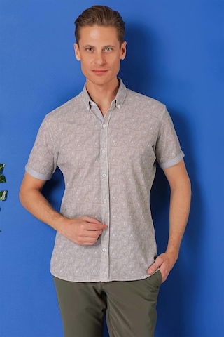 Efor Slim Fit Düğmeli Yaka Desenli Kısa Kol Pamuk Gri Gömlek G 1504 Gri