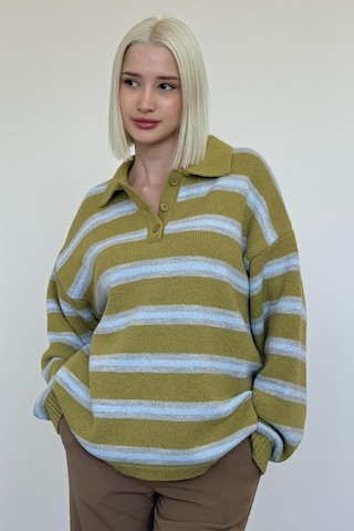Madmext Yeşil Polo Yaka Çizgili Kadın Triko Kazak Mg2469 Yeşil