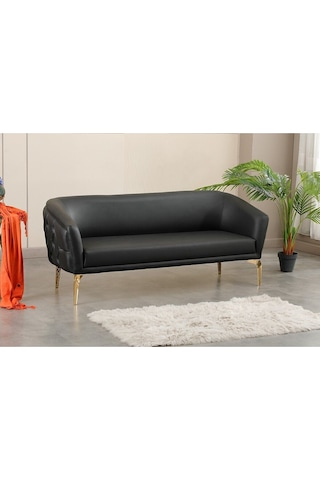 3 Kişilik Siyah Deri Gold Ayaklı Ofis Koltuk Takımı Ofis Kanepesi Makam Koltuk Takımı 3'lü Siyah