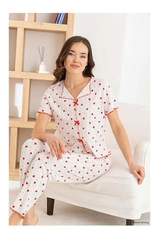 Genel Kırmızı Kadın Pamuk Kurdele/fiyonklu Kısa Kollu Fitilli Kaliteli Örme Pijama Takımı Beyaz