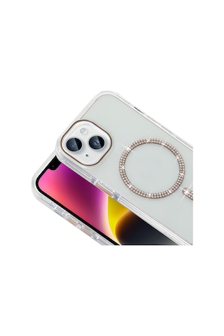 Apple Uyumlu iPhone 14 Kılıf Taşlı Tasarım M-safe Şarj Özellikli Mkst Koment Silikon Kapak - Gold Altın