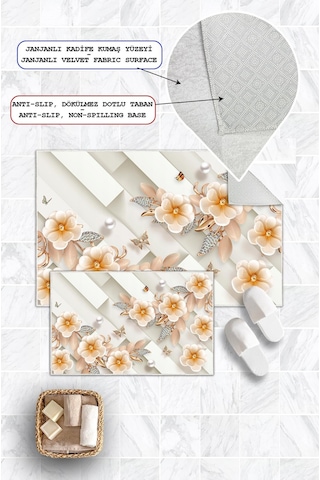 Dijital Baskı Çicek Desen Kaymaz Taban 2li Set Banyo Paspası Klozet Takımı 50x60cm-60x100cm Krem