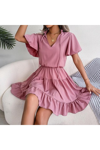 Gmxıa Kadın Modası Düz Renk Baskılı Yaz Bahar Kısa Kollu V Yaka Bol Günlük Elbiseler Koyu Yeşil